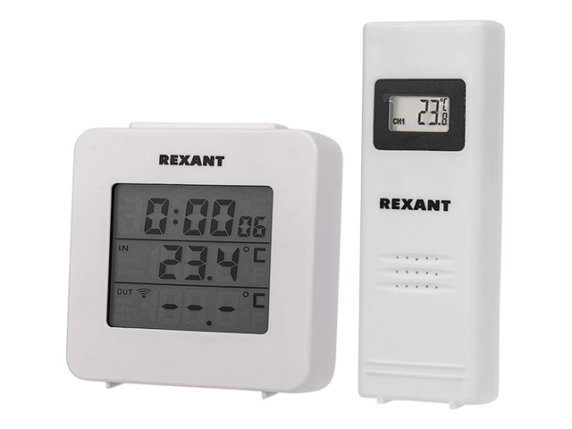 Термометр электронный с часами и беспроводным выносным датчиком  ...REXANT 70-0592