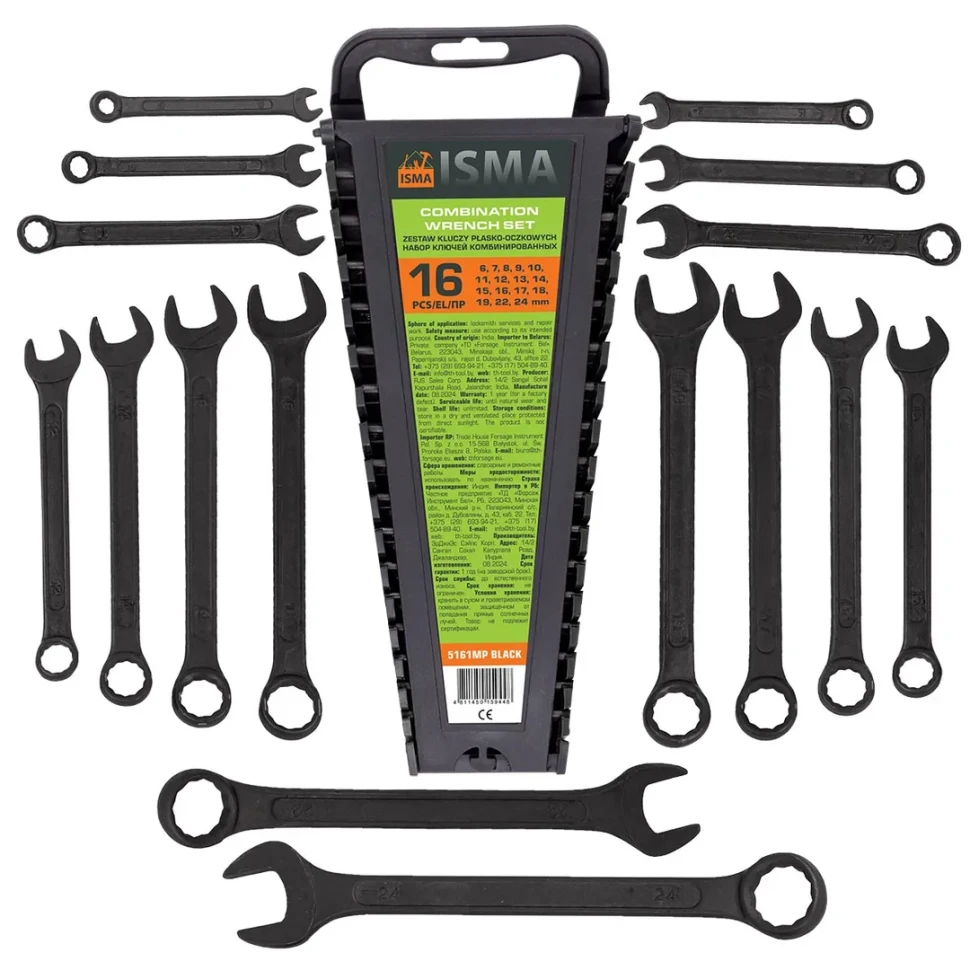 Набор ключей комбинированных 16 пр (6-19,22,24мм), в пластиковом держателе ISMA ISMA-5161MP BLACK