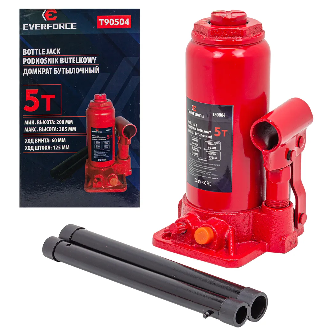Домкрат бутылочный 5т (h min 200мм, h max 385мм) EVERFORCE EF-T90504
