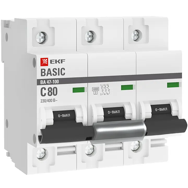 Авт. выкл. 3P 80А (C) 10kA ВА 47-100 Basic  EKF mcb47100-3-80C-bas