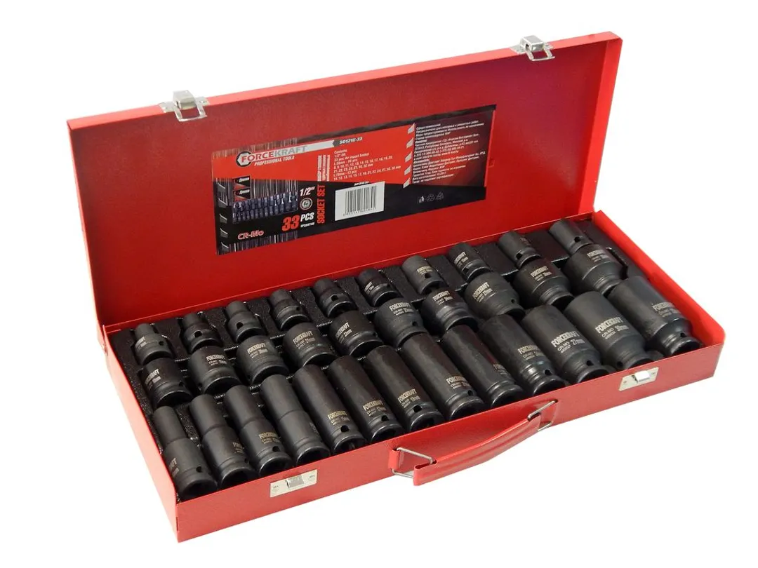 Набор головок ударных комбинированный 33пр.,1/2''(L-38мм: 8-24,27,30,32мм, L-78мм:10,12-15,17,19,21,22,24,27,30,32мм), в металлическом кейсе FORCEKRAFT FK-50121E-33