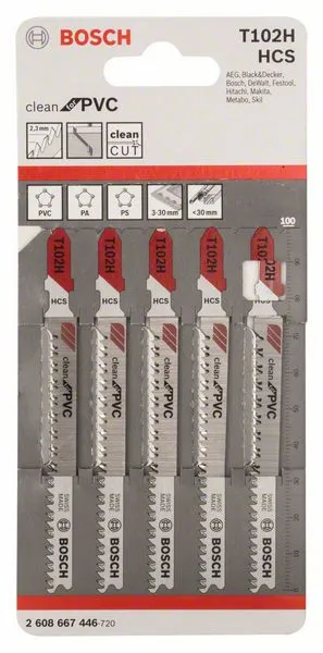 Пилка для лобзика T102H Clean for PVC (5 шт)  BOSCH 2.608.667.446