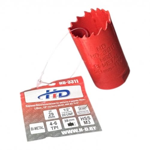 Коронка биметаллическая по металлу и дереву 29мм., L38мм., 1/2"-20UNF, HSS M3 H-D HD-3311