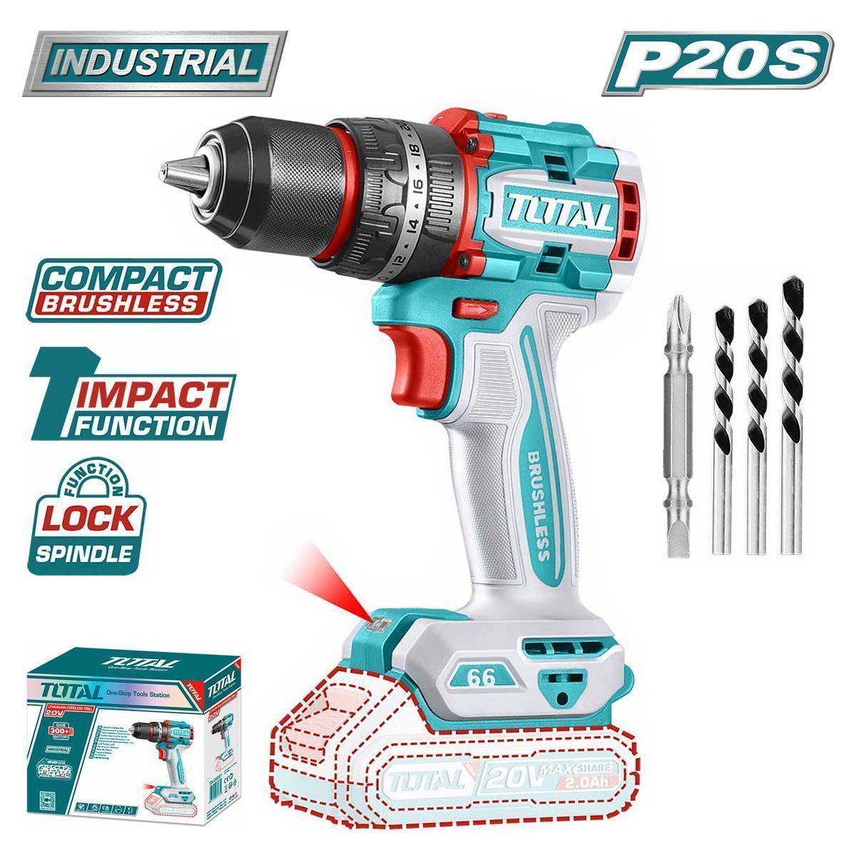 Дрель-шуруповерт ударная, 20В, БЕЗ АКБ,66 Нм,  2000 об.мин,  TOTAL TIDLI206681