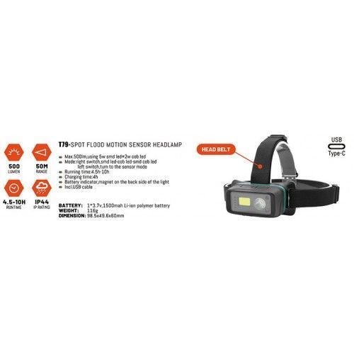 Фонарь налобный светодиодный 500lm, 5+2W, 50M, 3.7V, 1500mAh, IP44, Type-C H-D T79