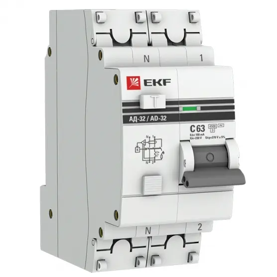 АД-32 1P+N 63А (С) 100мА тип (АС) эл. 4,5кА PROxima EKF DA32-63-100-pro
