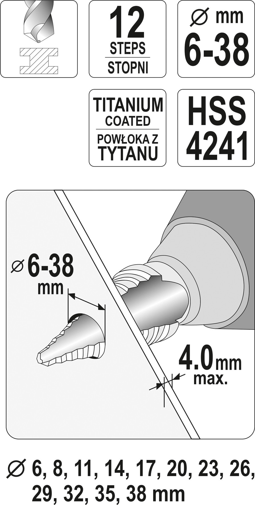 Сверло по металлу ступенчатое  6-38mm HSS-TiN YATO YT-44740