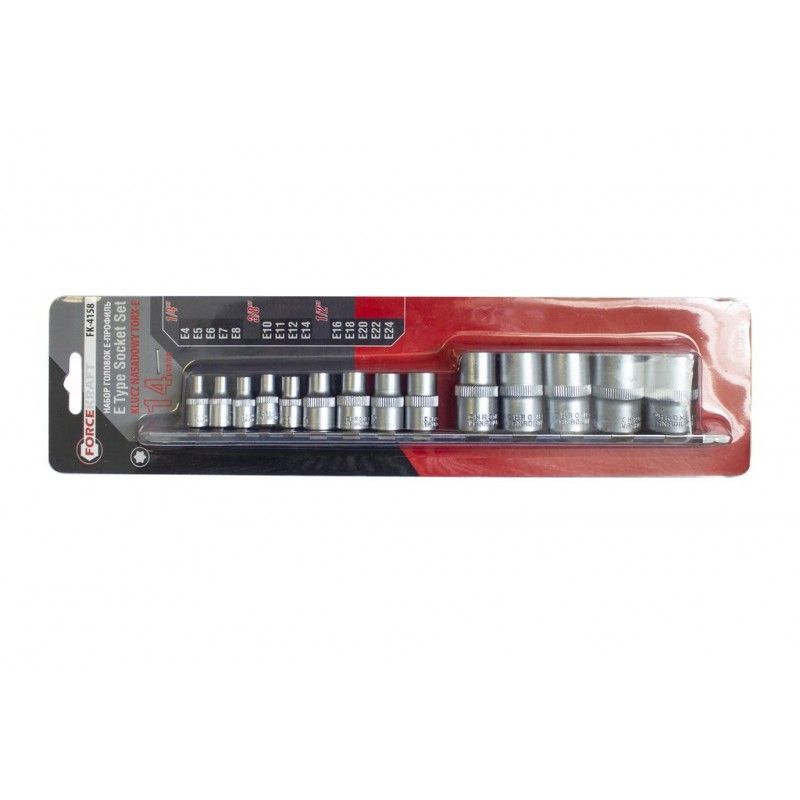 Набор головок Е-профиль, 14пр. 1/4", 3/8", 1/2" (Е4-Е24)  FORCEKRAFT FK-4158