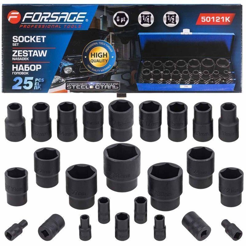Головки ударные, набор 25пр. 1/4", 1/2" 6гр. (4-32мм) Forsage F-50121K