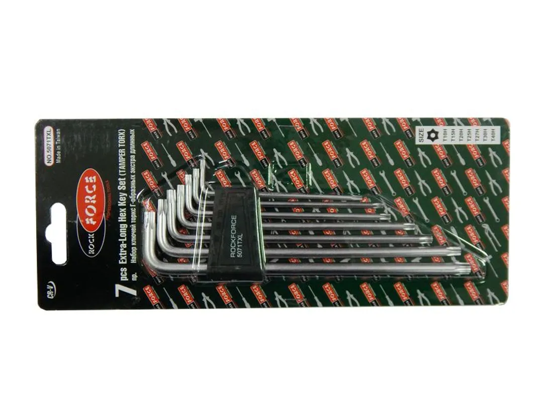 Набор ключей TORX Т10Н-Т40Н 7пр. экстра длинных с отверстием Rock FORCE RF-5071TXL