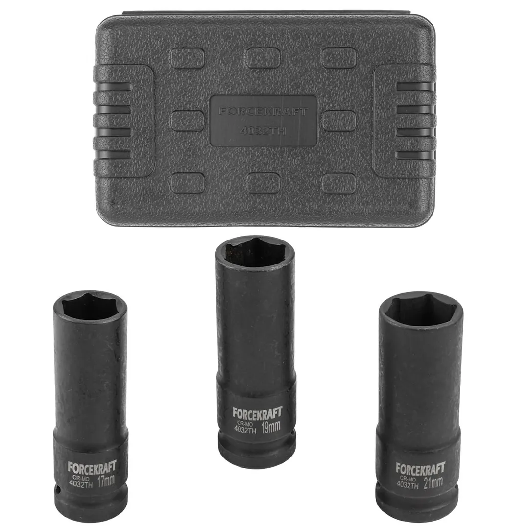 Набор головок ударных тонкостенных 3пр., 1/2", 6-гр. (17-21мм) в кейсе FORCEKRAFT FK-4032TH