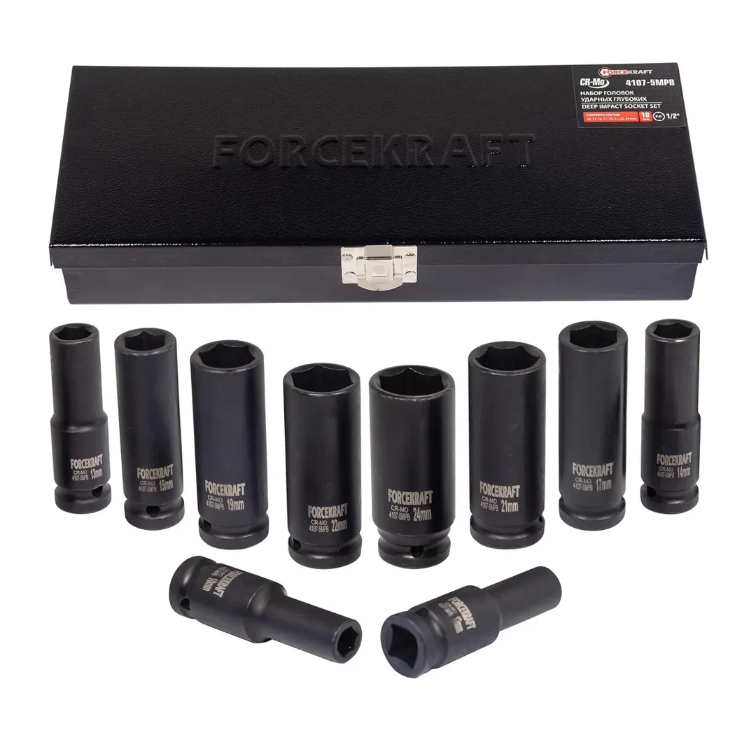 Набор головок ударных 1/2", 6гр, 10пр. (10-24мм) FORCEKRAFT FK-4107-5MPB