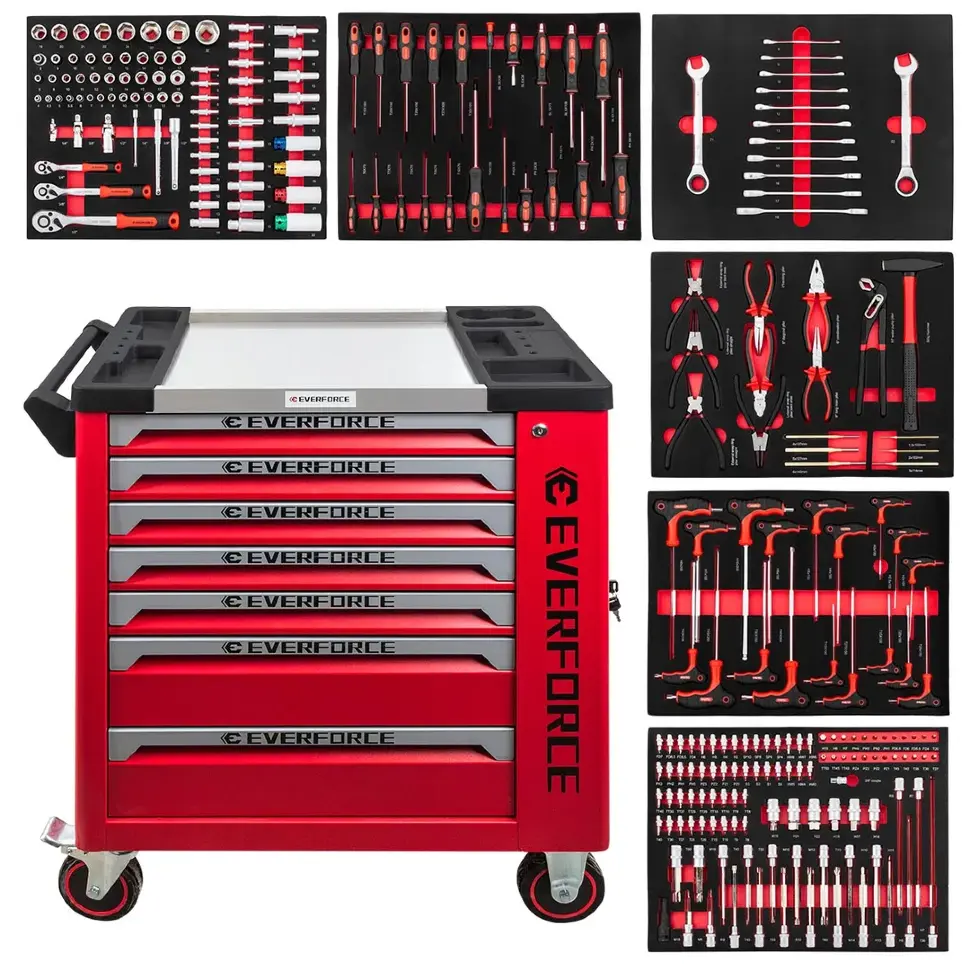 Набор ручных инструментов в стальной тележке (250пр.) Шесть ложементов  ...EVERFORCE EF-55307