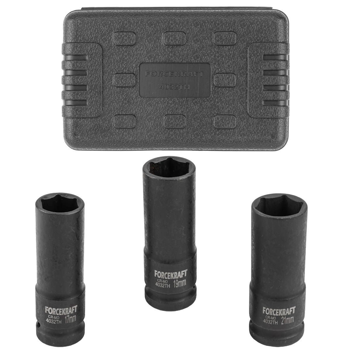 Набор головок ударных тонкостенных 3пр., 1/2", 6-гр. (17-21мм) в кейсе FORCEKRAFT FK-4032TH