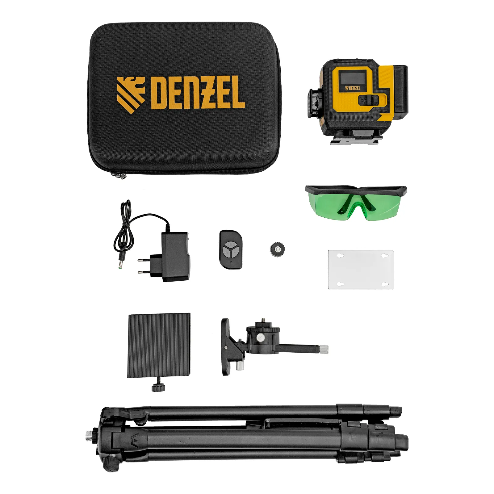 Лазерный уровень мультипризменный DLV-360-3T, 30 м, зеленый луч, Li-Ion 2,4 Aч, штатив  DENZEL 350805