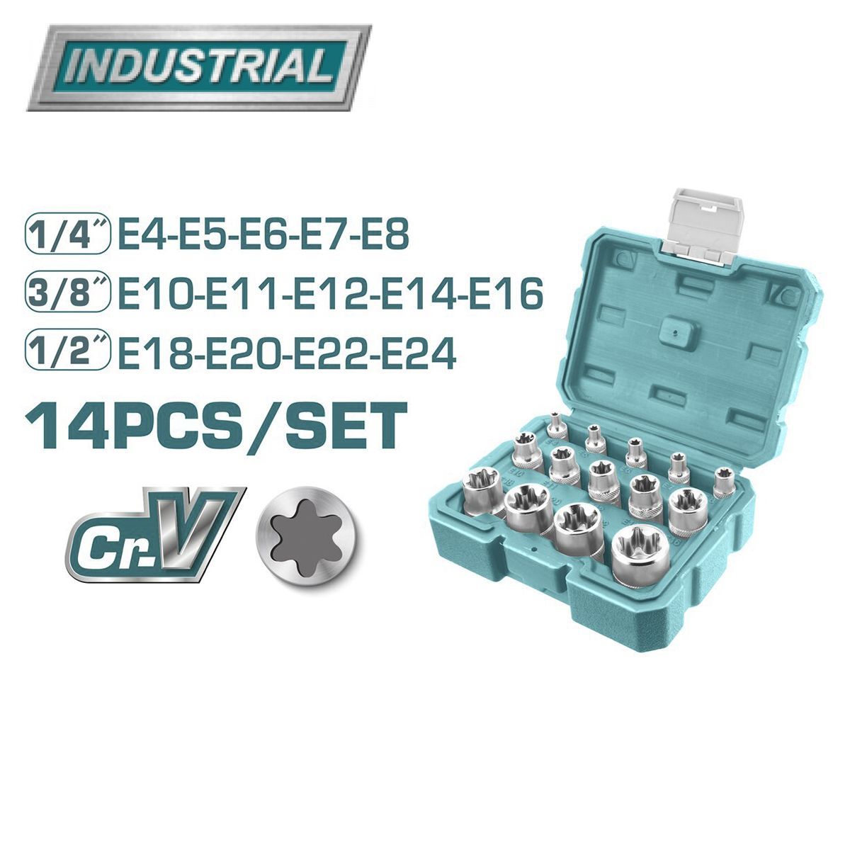 Набор головок 1/2", 1/4", 3/8", Torx 4-24мм, TOTAL THKTETS0114 (14шт)