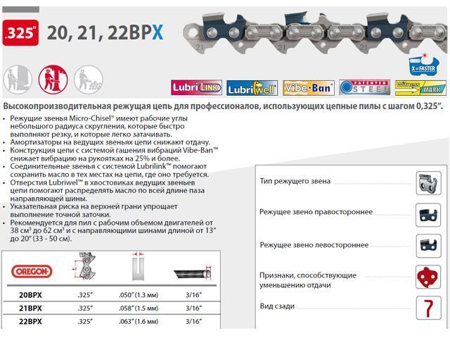 Цепь 45 см 18" 0.325" 1.5 mm 72 звеньев 21BPX (затачиваются напильником 4.8 mm, для нерегулярного интенсивного использования) OREGON 21BPX072E