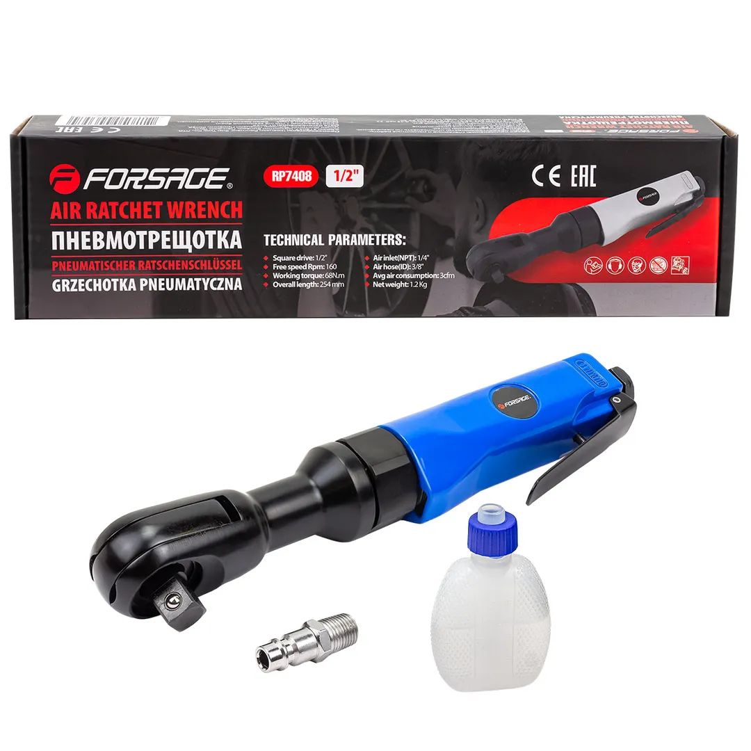 Пневмотрещотка 68Нм, 1/2''(потребление 77л/мин, 160 об/мин, L-254мм,6.3Bar,штуцер 1/4") Forsage F-RP7408