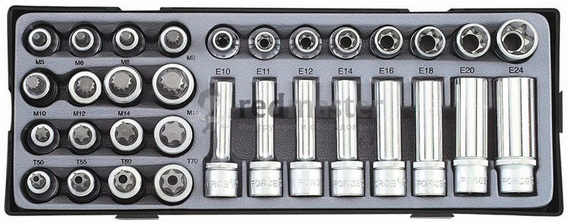 Набор головок Е-профиль и головок бит TORX, SPLINE, 32 пр, 1/2" (Е10-Е24, Т50-Т70, М5-М16) Force T4322
