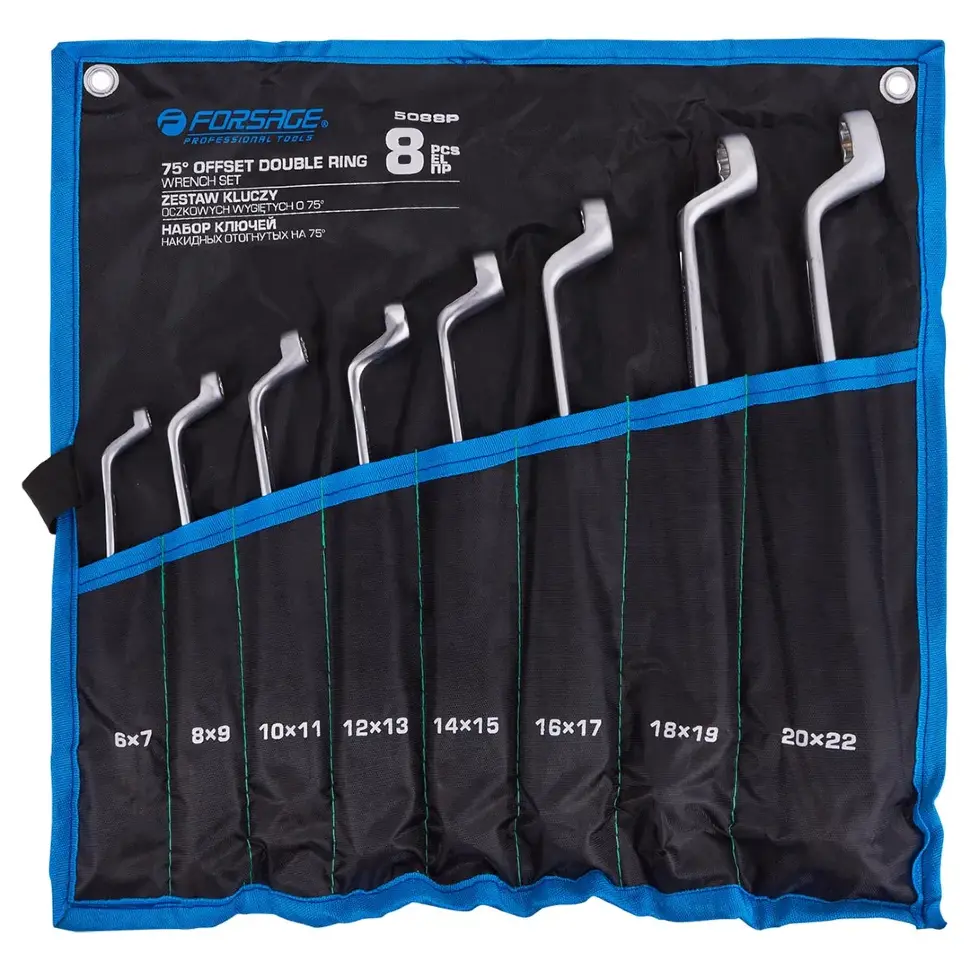 Ключи накидные отогнутые на 75град., набор 8пр. (6х7, 8х9, 10х11, 12х13, 14х15, 16х17, 18х19, 20х22мм) Forsage F-5088P
