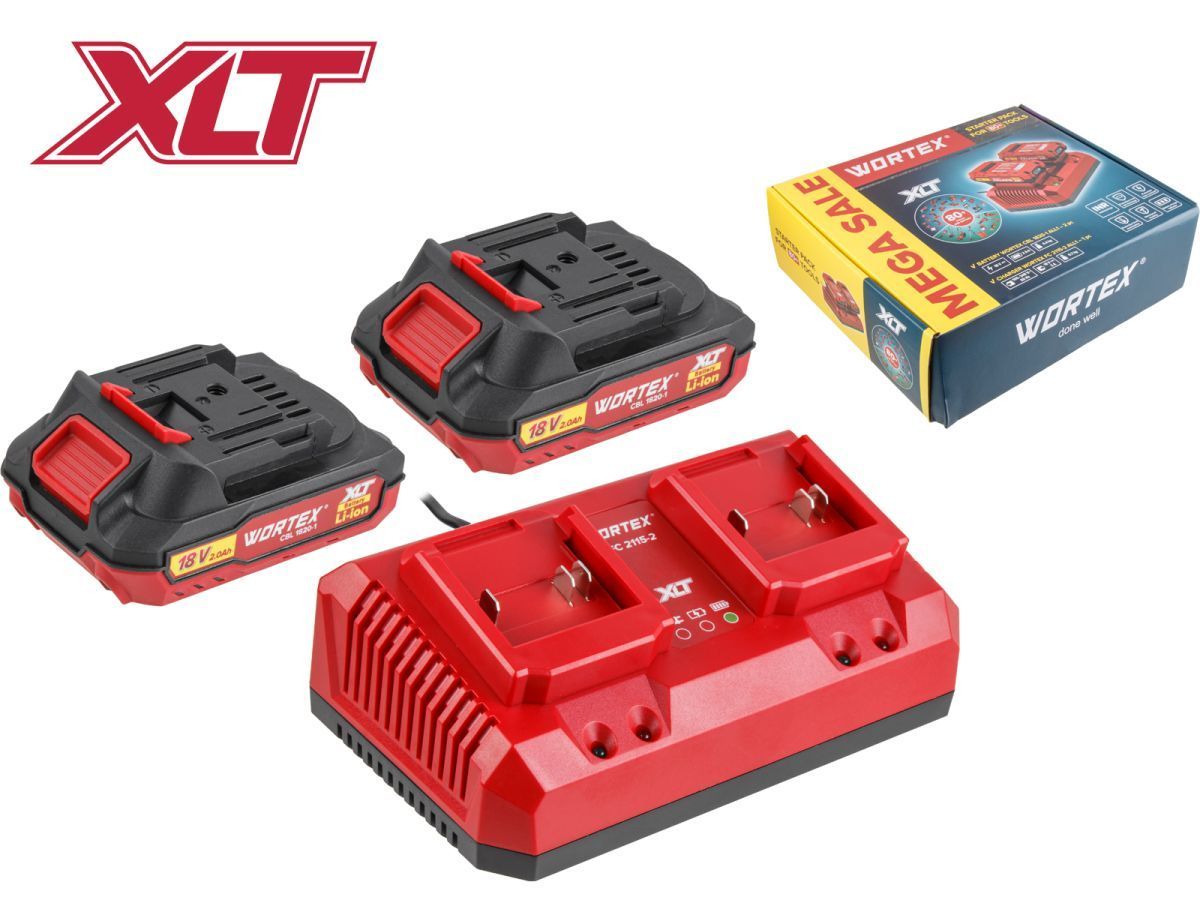 Набор аккумулятор 2х2 А*ч и зарядное устройство 2х2 А ALL1 XLT в кор. SET (18.0 В, 2.0 А*ч, индикатор заряда, обрезиненный корпус, зарядное: 2 слота, 2 А.) WORTEX 2329018