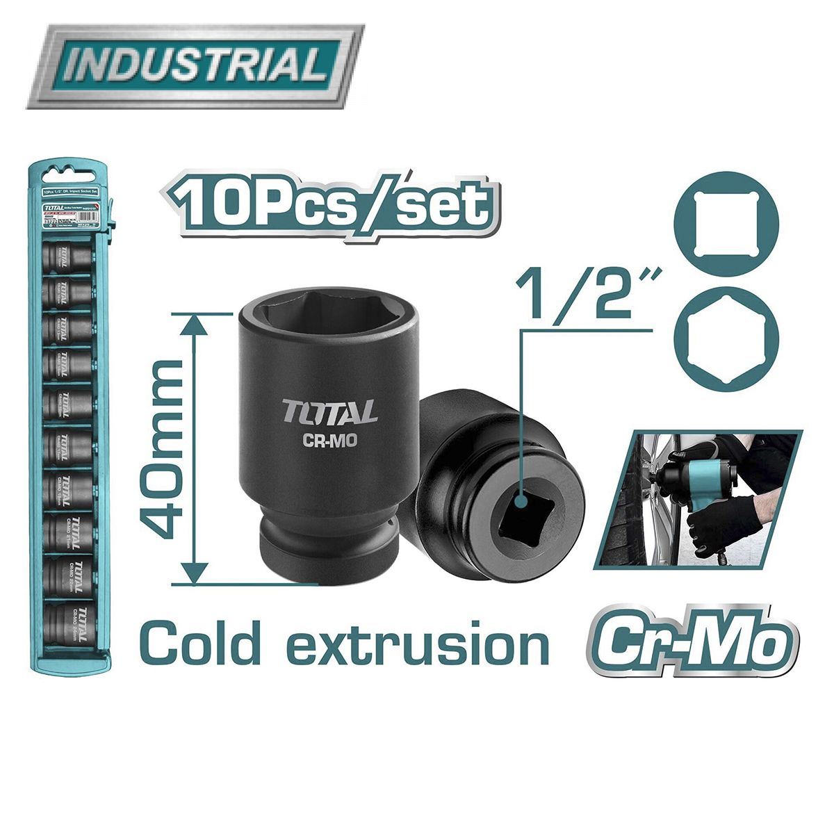 Набор ударных головок 1/2" (10-24мм) TOTAL THISTD12101 (10 предметов)