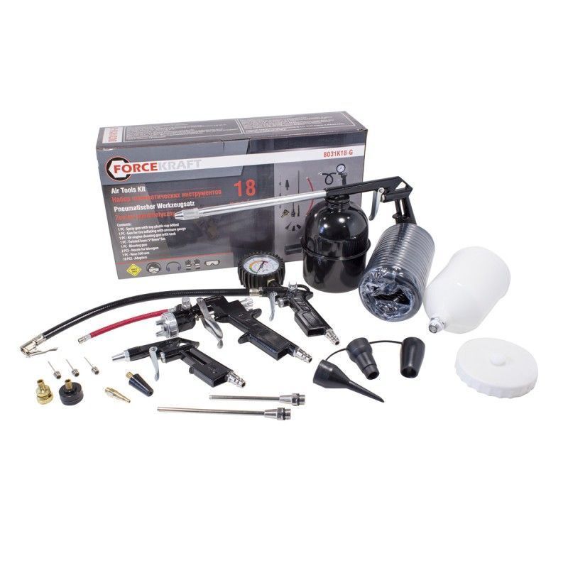 Набор пневмоинструмента 18пр.(краскопульт-сопло 1.5мм, обдувочник-сопла 110, 140мм, подкачка+10 адап...FORCEKRAFT FK-8031K18-G