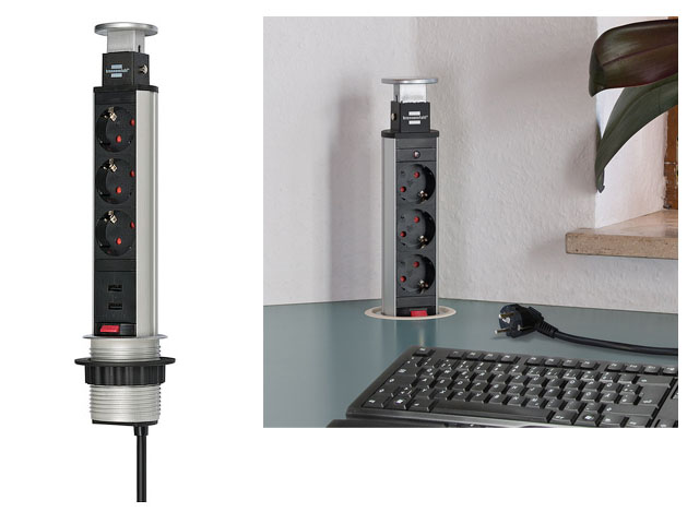 Удлинитель-башня 2м встраиваемый в столешницу (3 роз, 2 USB, H05VV-F 3G1.5, вертикальный выдвижной н...BRENNENSTUHL 1396200013