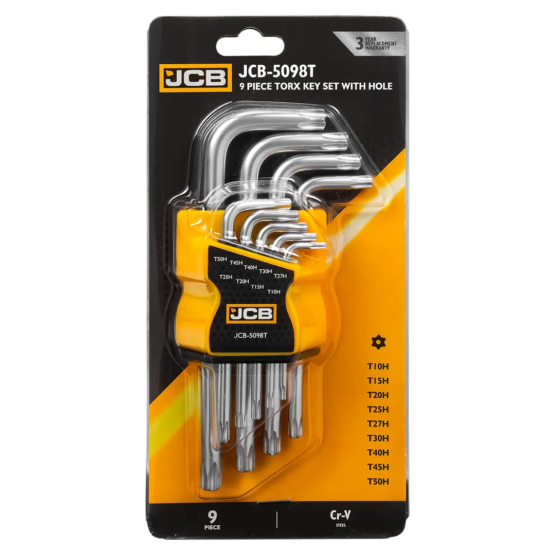 Ключи Г-образные TORX с отверстием, набор 9пр. (Т10Н, Т15Н, Т20Н, Т25Н, Т27Н, Т30Н, Т40Т, Т45Н, Т50Н...JCB JCB-5098T