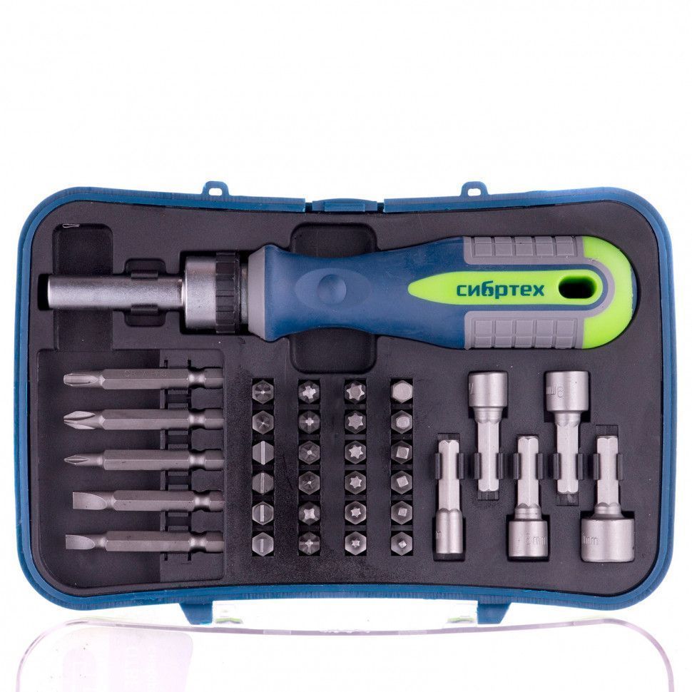 Отвертка-реверс + биты, 35 пред., PH + SL + Torx + PZ + Hex + Sq, CrV,  3к рукоятка Сибртех 13337