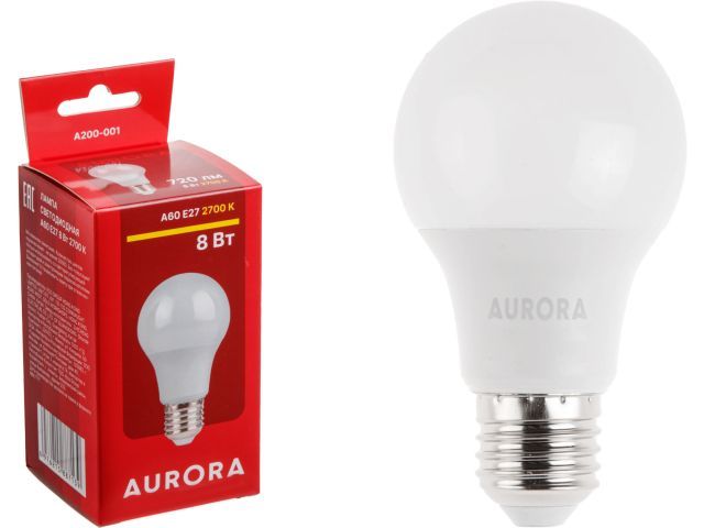 Лампа светодиодная A60 СТАНДАРТ 8Вт 230В E27 2700K  AURORA A200-001