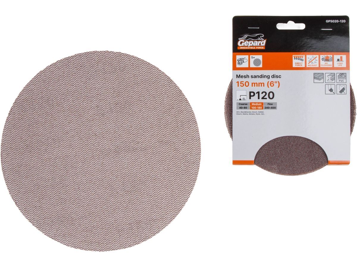Шлифлист 150мм круг Р120 сетка, самосцепл. 5шт. (GP5020-120) GEPARD GP5020-120