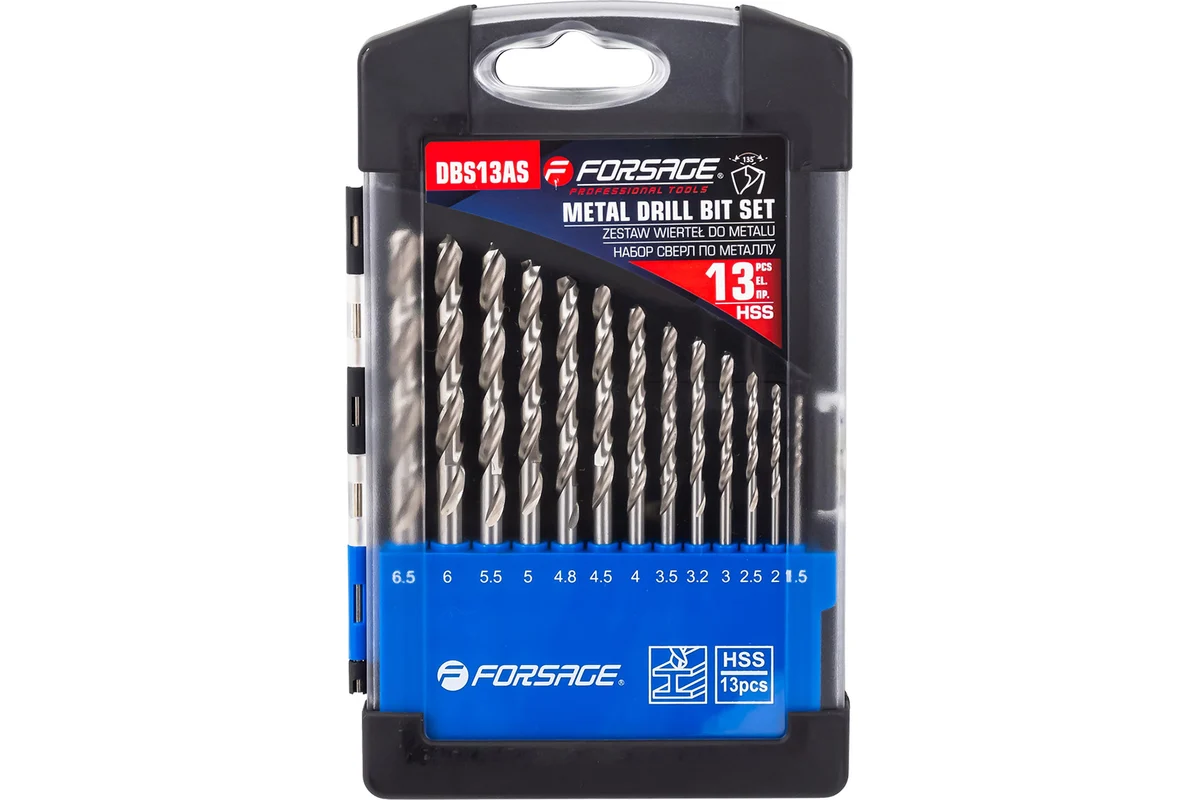 Сверла по металлу, набор 13пр. 1.5-6.5мм  Forsage F-DBS13AS