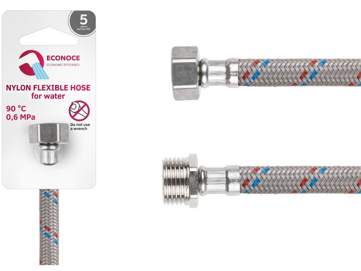 Подводка гибкая, Nylon, гайка 1/2" - штуцер 1/2" 120 см (6 Bar, 90°С) ECONOCE EC035120