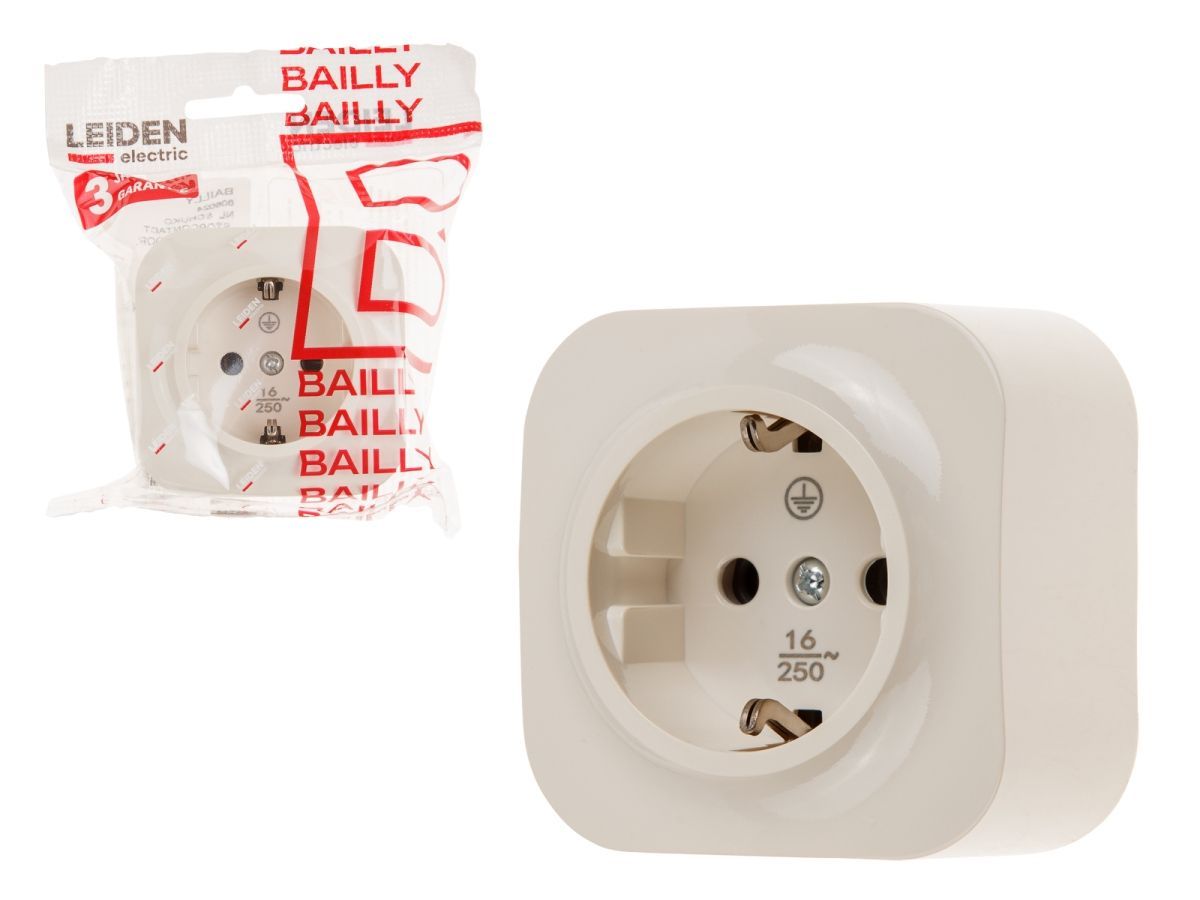 Розетка 1-ая (открытая, с/з) бежевая, Bailly LEIDEN ELECTRIC 8760908060248