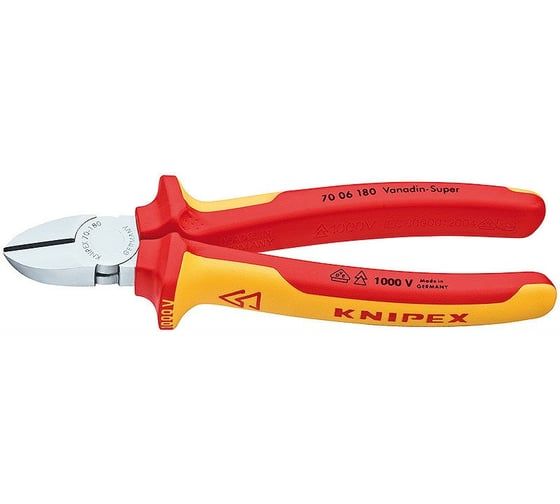 Бокорезы VDE 1000V, L-180 мм, твёрдость кромок 62 HRC, хром., 2-комп. рукоятки KNIPEX 7006180