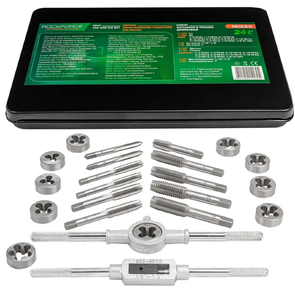 Набор метчиков и плашек дюймовый, 1/4"-1/2",  24пр. Rock FORCE RF-M024-2