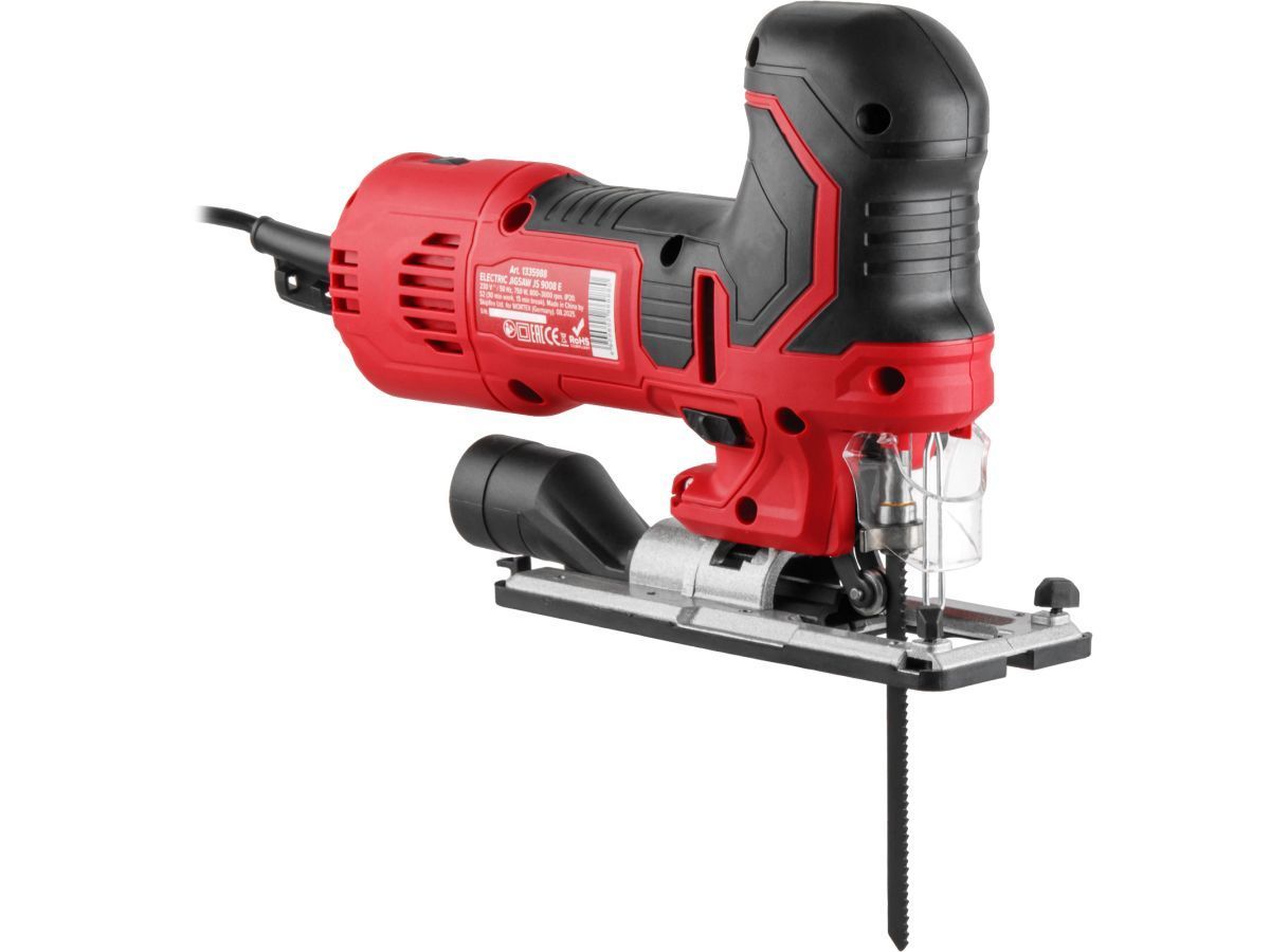 Лобзик электрический JS 9008 E в кор. 750 Вт, 800-3000 ход/мин, пропил до 90 мм, грибов. рук. (грибов. рукоятка, литая подошва, маятн. ход, подсветка, сдув опилок, 22 мм ход, дерево/сталь/алюм.,  WORTEX 1335988