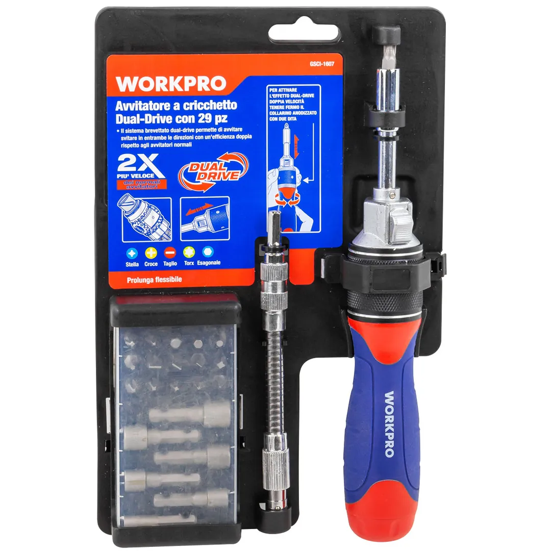 Отвертка с набором бит и головок, 29пр.  WORKPRO GSCI-1607