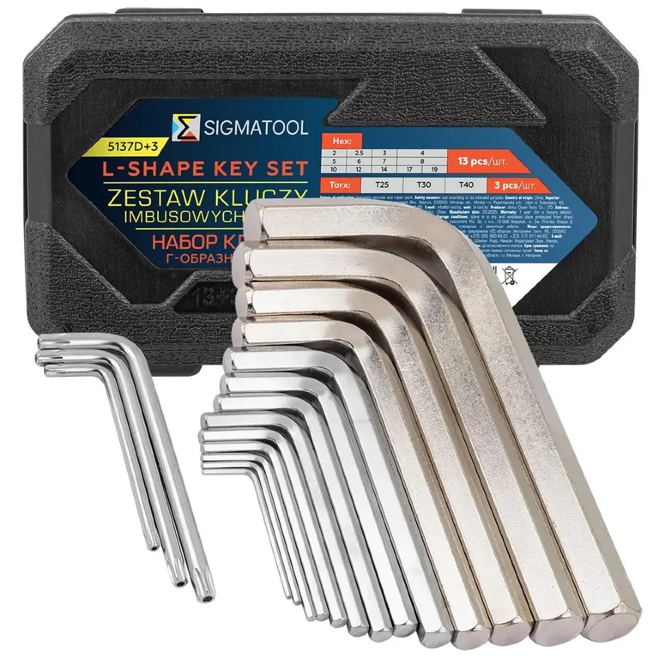 Ключи Г-образные 6-гранные, набор 13+3пр. (2, 2.5, 3-8, 10, 12, 14, 17, 19мм + T25, T30, T40) SIGMATOOL Sigmatool--5137D+3 Ключи Г-образные 6-гранные, набор 13+3пр. (2, 2.5, 3-8, 10, 12, 14, 17, 19мм + T25, T30, T40) SIGMATOOL Sigmatool--5137D+3
