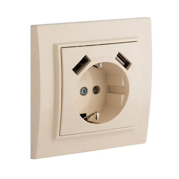 Минск Розетка 1-мест. СП с/з 16А беж. с защ. штор. с 2 USB 2,1А EKF ERR16-028-200-2USB