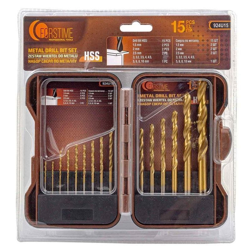 Сверла по металлу, набор 15пр. 1.5-10мм FORSTIME FT-924U15