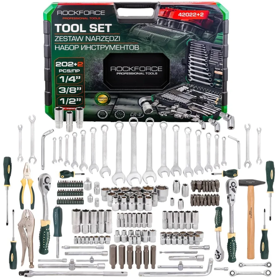 Набор инструментов 202+2пр. 1/4", 3/8", 1/2" (6гр.,12гр.) RockFORCE RF-42022+2