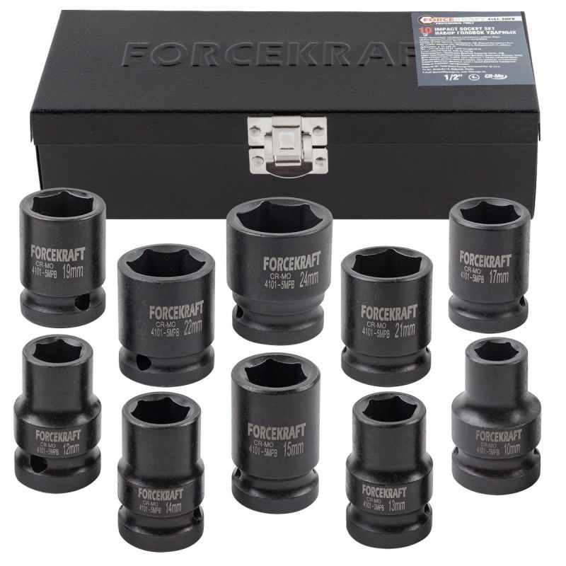 Головки ударные, набор 10пр., 1/2" 6гр. (10-24мм) FORCEKRAFT FK-4101-5MPB