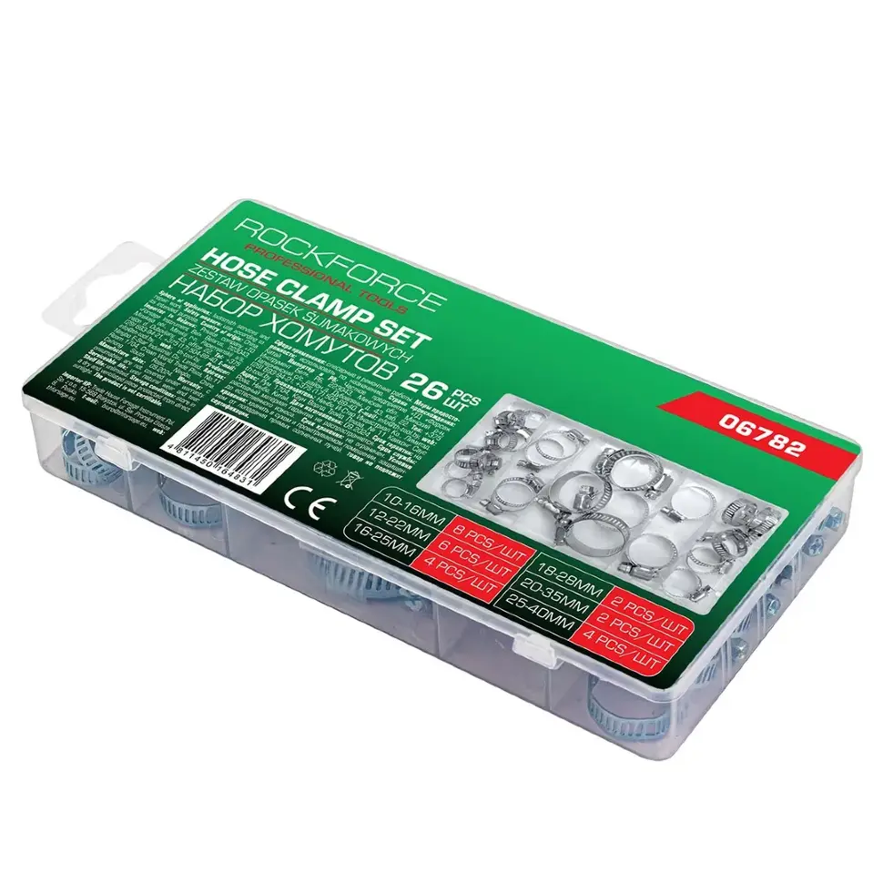 Хомуты зажимные червячные металлические, набор 26пр. RockFORCE RF-06782