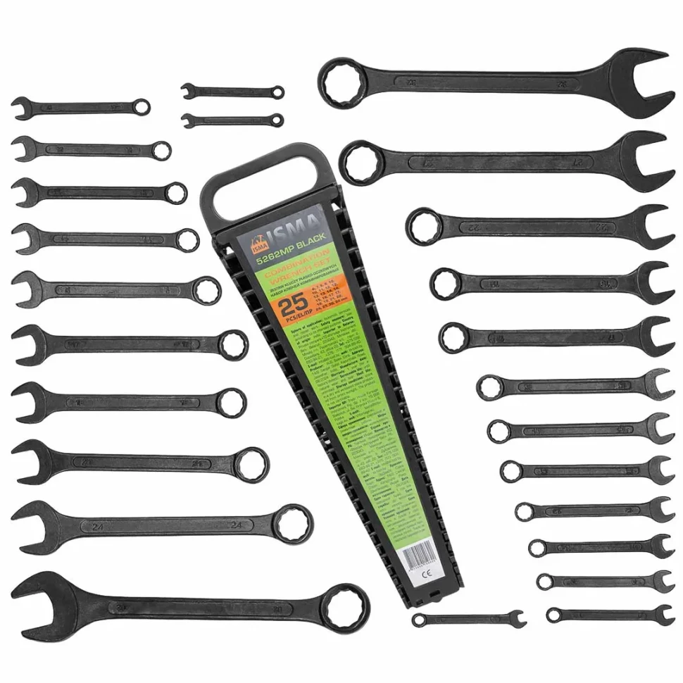 Набор ключей комбинированных 25пр. (6-9,10х2шт,11,12х2шт,13х2шт,14х2шт,15,16,17х2шт,18,19,21,22,24,27,30,32),в пласт. держателе ISMA ISMA-5262MP BLACK