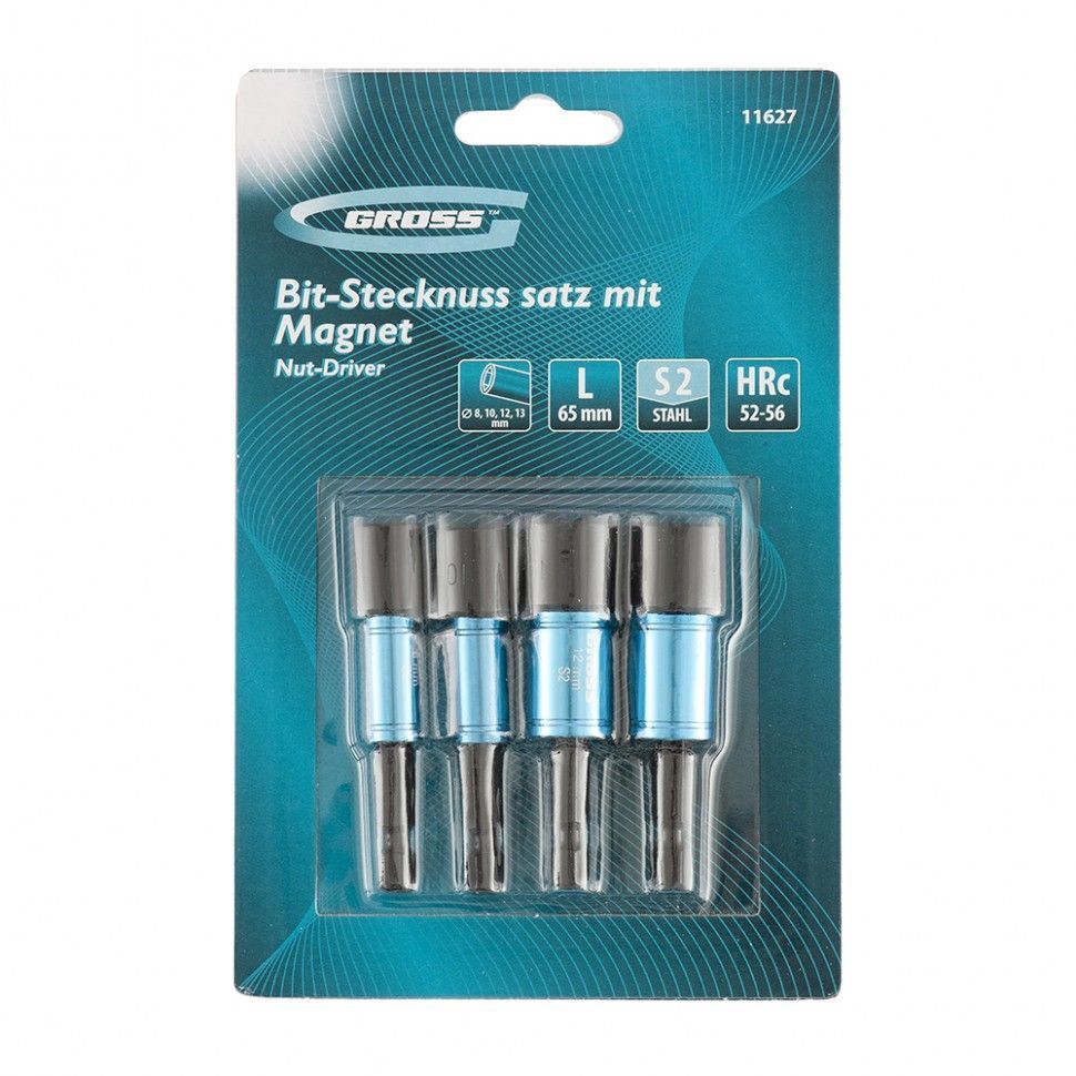 Набор бит с торцевыми головками 8, 10, 12, 13 mm, магнит, Nut-Driver S2 Gross 11627