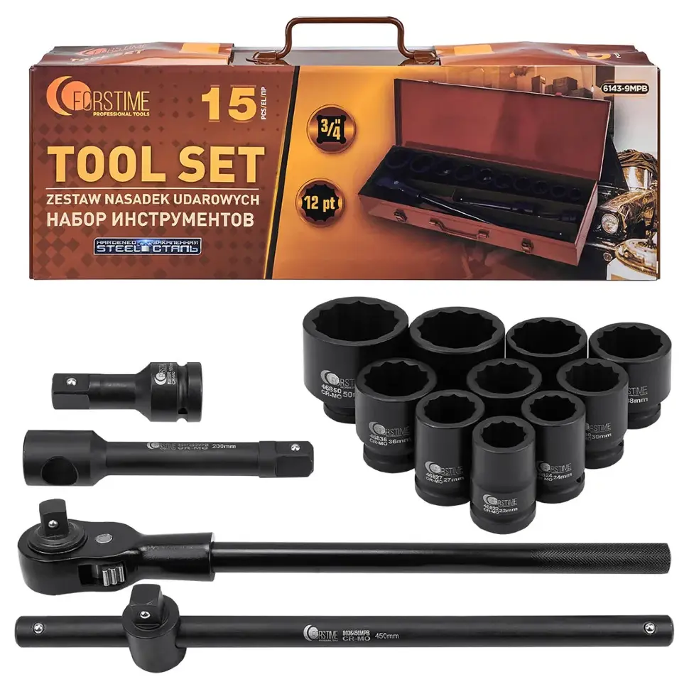 Набор инструментов 15пр. 3/4" (12гр.) FORSTIME FT-6143-9MPB