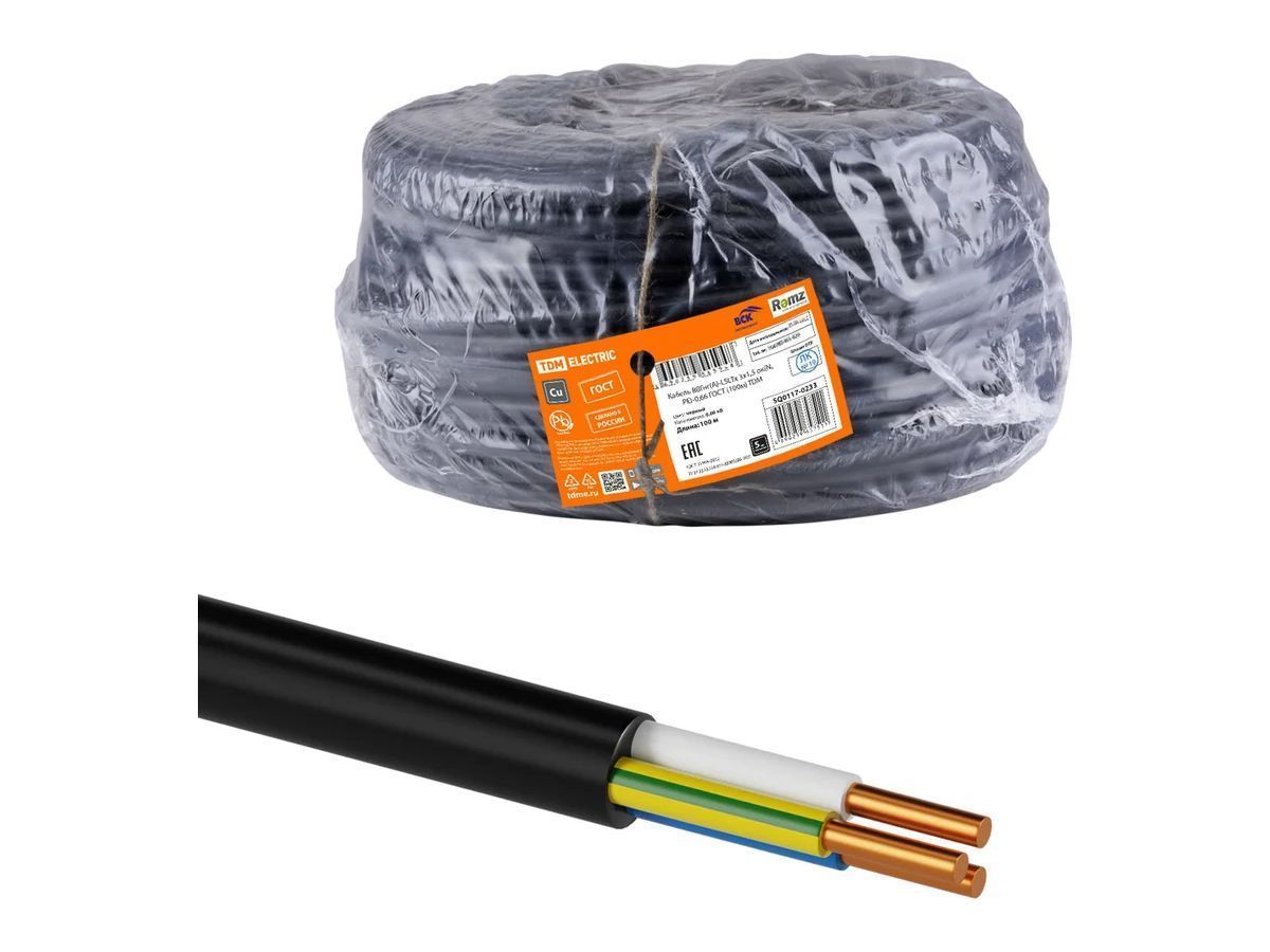 Кабель ВВГнг(А)-LSLTx 3х1,5 ок(N, PE)-0,66 ГОСТ (100м) (черный) TDM SQ0117-0233