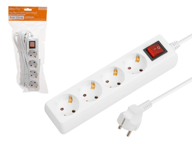 Удлинитель 5м (4 роз., 2.2кВт, с/з, выкл, ПВС 3х0.75) ЮПИТЕР JP8104-24